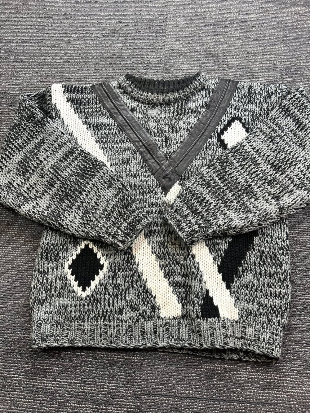 Le Tigre Vintage Mens Large Sweater Acrylic Leather Trim Gray Black White